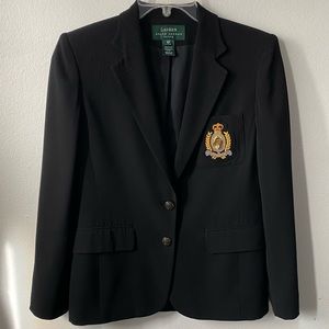 Lauren Ralph Lauren Black Wool blend Blazer Equestrian Crown Crest 90’s Size 4P